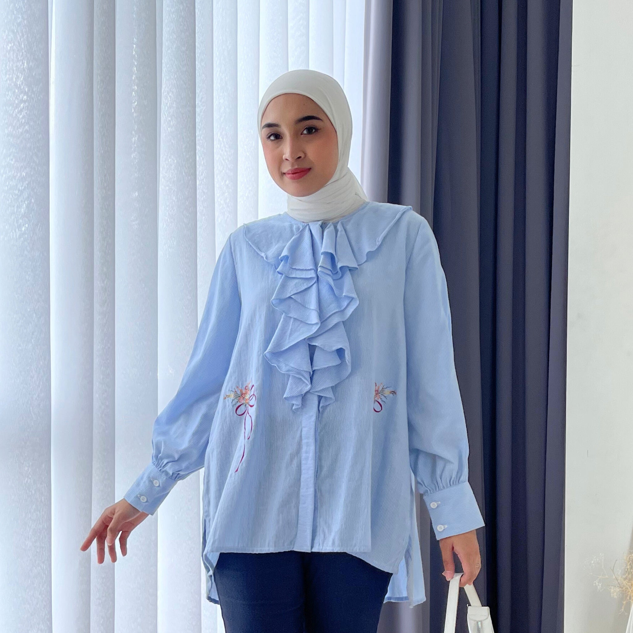 Image of Eclemix Top Kleana | Atasan Wanita Kemeja Motif Stripe Ruffle